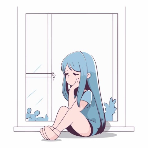 Illustration of a sad girl sitting in front of the window.