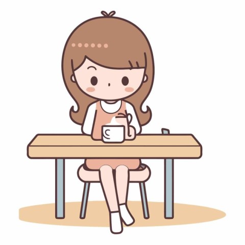 Girl sitting at the table and drinking coffee in cartoon style.