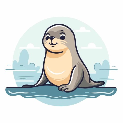 Cute seal on the water in cartoon style.