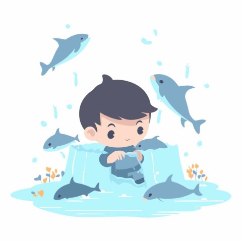 Cute little boy playing with fishes in the water vector Illustra