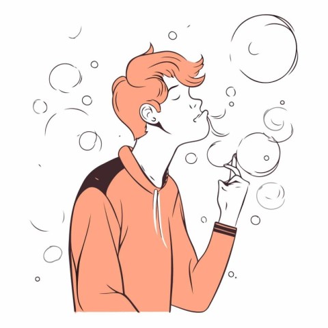 Vector illustration of a young man blowing soap bubbles on a whi