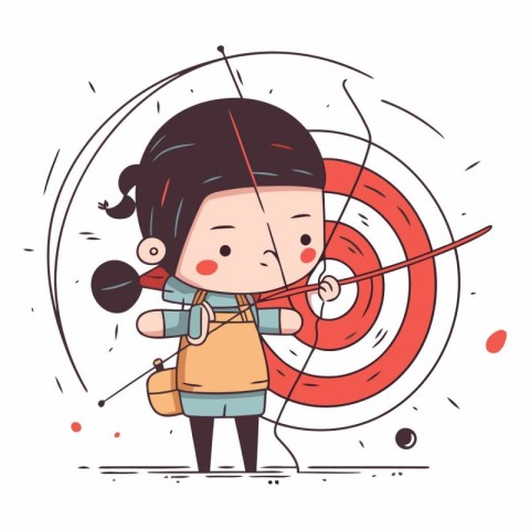 Vector illustration of a little girl practicing archery with a b