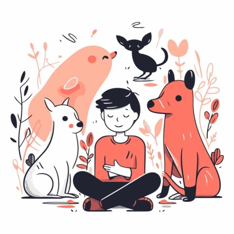 Vector illustration of a boy sitting with a dog in the park.