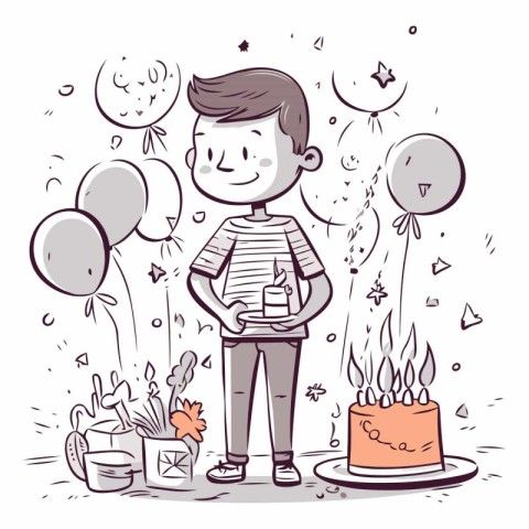 Boy with birthday cake and balloons in sketch style.