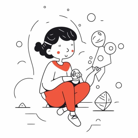 Illustration of a girl playing with a lollipop in the park