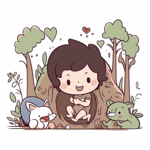 cute little boy with little animals in the forest vector illustr