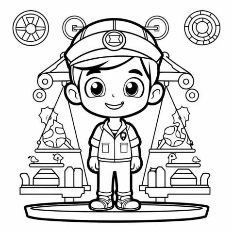 Black and white illustration of a boy in a pilot costume. Colori