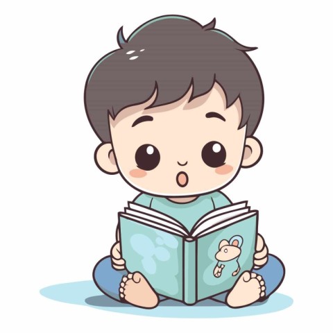 Cute little boy reading a book in cartoon style.