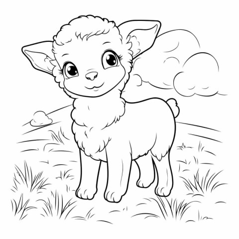 Cute little lamb standing in the grass for coloring book.