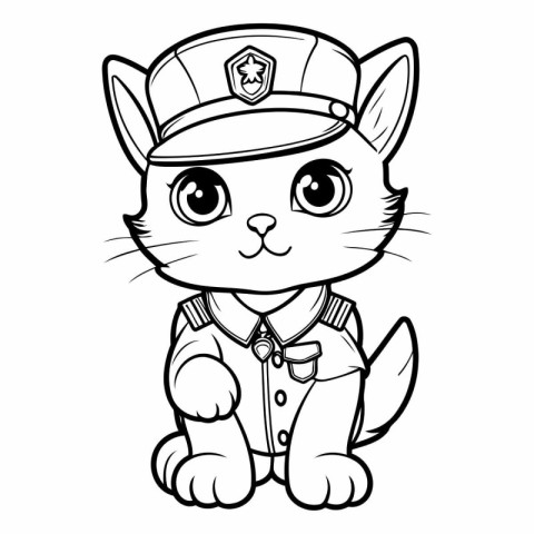 Black and White Cartoon Illustration of Cute Cat Police Officer