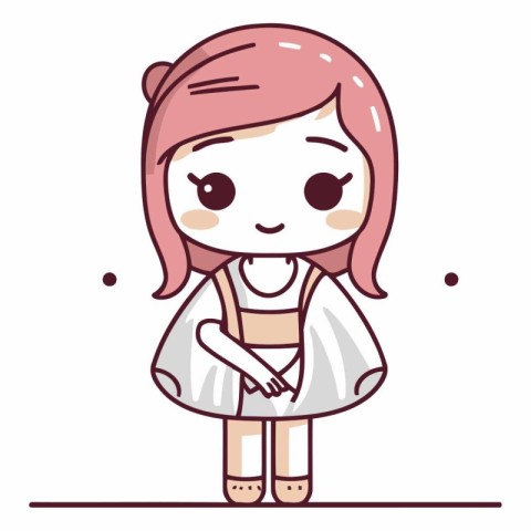 Cute little girl with long pink hair in cartoon style.