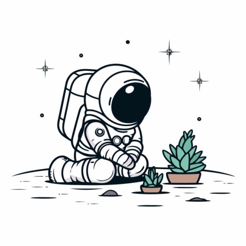 Astronaut and cactus on white background.