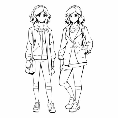 Outline of two girls in winter clothes of two girls in winter cl