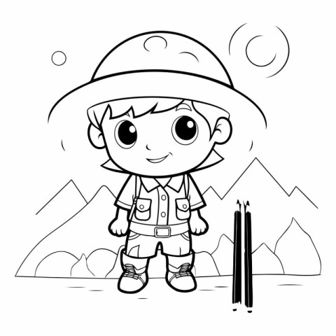 Coloring Page Outline Of a Cute Little Boy Camping