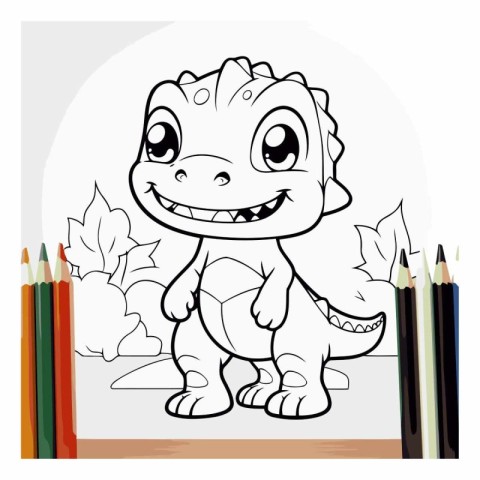 Cute Cartoon Dinosaur With Color Pencils. Coloring Book