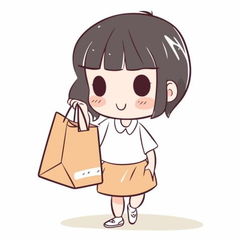 Illustration of a cute little girl holding a shopping bag and sm