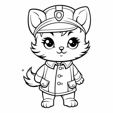 Black and White Cartoon Illustration of Cute Cat Captain Charact