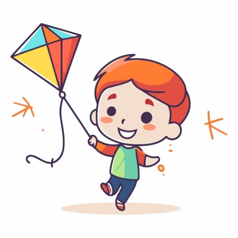 Cute cartoon boy playing with a kite.