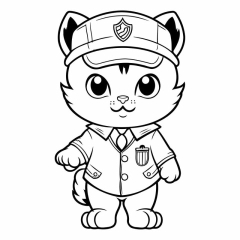 Black and White Cartoon Illustration of Cute Cat Police Officer