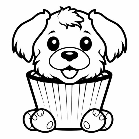 Black and White Cartoon Illustration of Cute Puppy Dog in Cup Ca