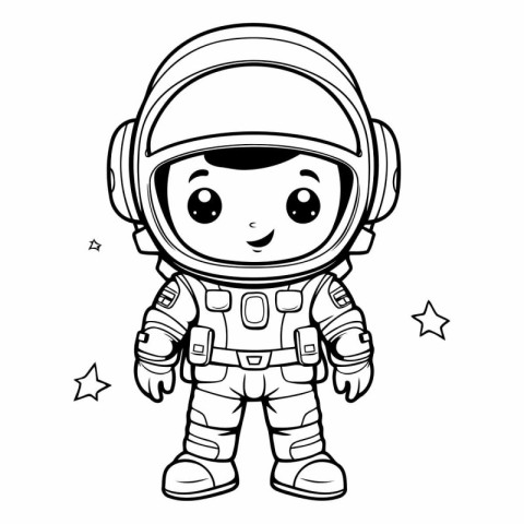 Black And White Cartoon Illustration of Cute Astronaut Character