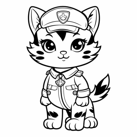 Black and White Cartoon Illustration of Cute Wild Cat Police Ani