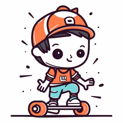 Boy riding on a scooter. Cute cartoon vector illustration.