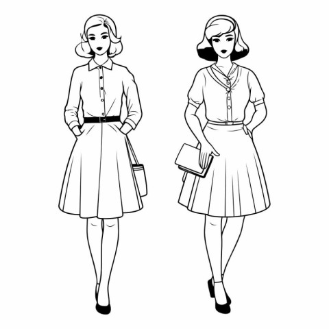 Fashion women in sketch style. Fashion girls in full length.