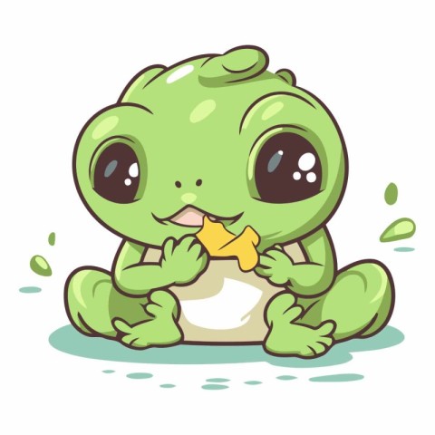 Cute cartoon frog eating a piece of bread.