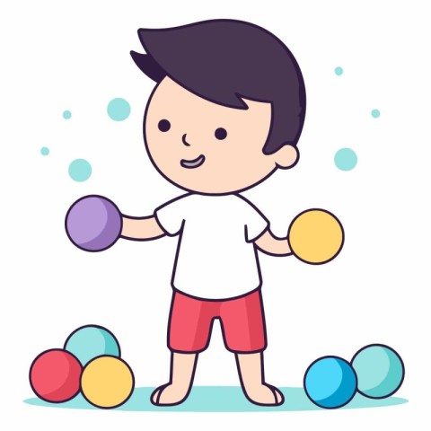 Little boy playing with balls. Colorful vector illustration for