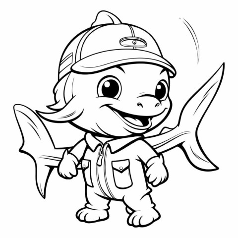 Black and White Cartoon Illustration of Cute Little Fisherman Ch