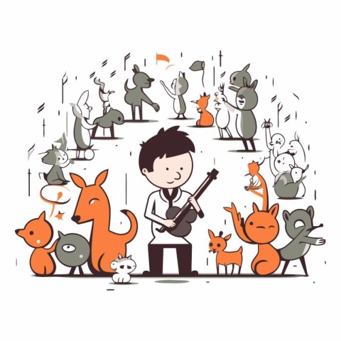 Man playing the guitar with a group of animals.