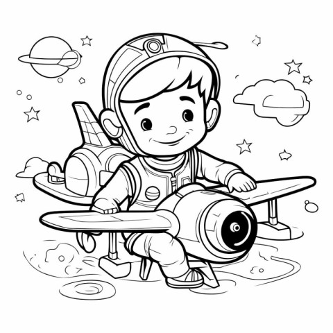 Coloring Page Outline Of a Kid Boy Astronaut Vector Illustration