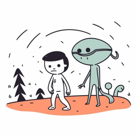 Boy and alien in the park. Vector hand drawn illustration. Doodl