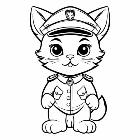 Black and White Cartoon Illustration of Cute Cat Police Officer