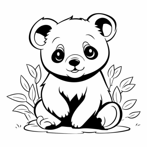 Cute cartoon panda sitting on the ground with leaves.