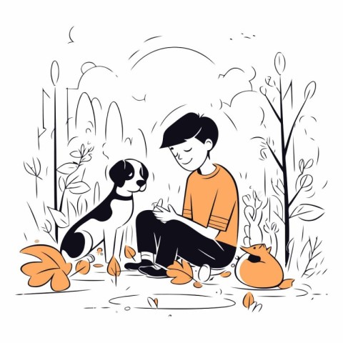 Boy with dog in the park in sketch style.