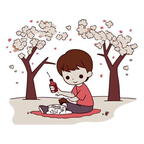 Boy having a picnic in the park. Cute cartoon vector illustratio