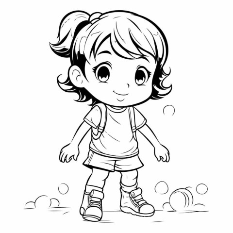 Cute little girl playing soccer - black and white vector illustr