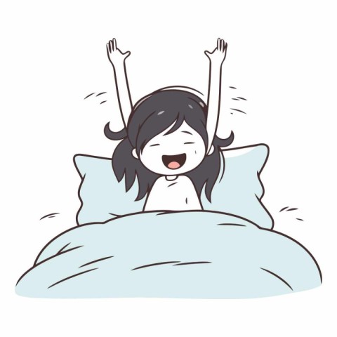 Illustration of a happy girl waking up in the morning in bed