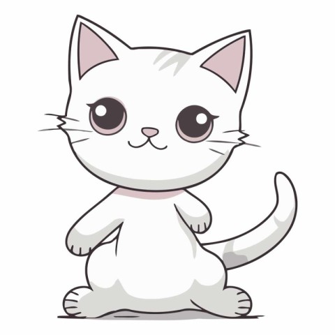 Cute cartoon white cat isolated on white background.