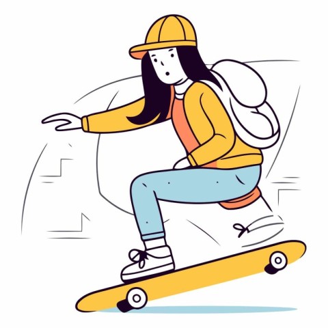 Skateboarder girl in helmet and yellow jacket riding on skateboa