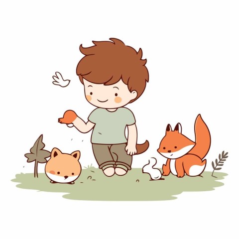 Little boy playing with foxes in the park.