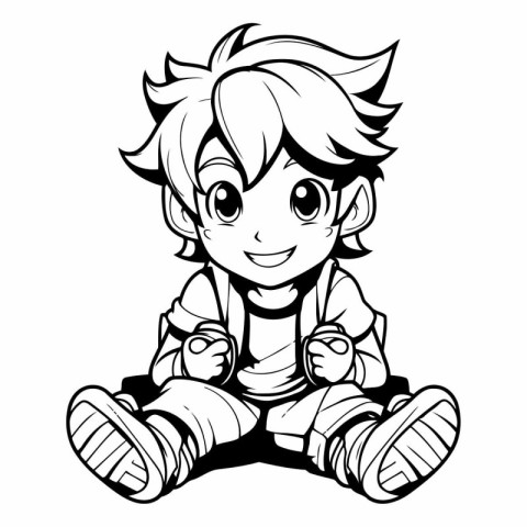 Cute Boy Sitting - Black and White Cartoon Illustration. Vector