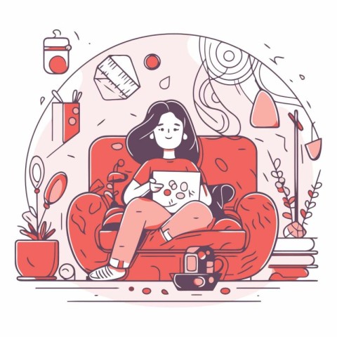 Vector illustration of a girl sitting in armchair and reading a