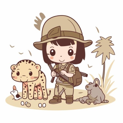 Illustration of a Little Girl in a safari outfit with her dog