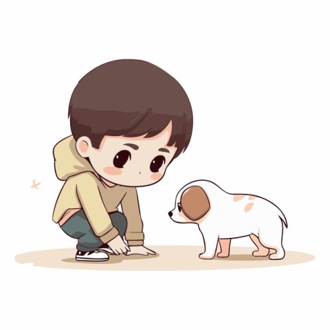 Little boy playing with his dog. Cute cartoon vector illustratio