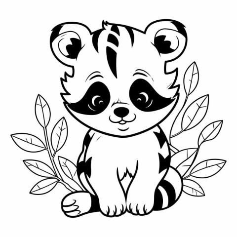 cute panda with leafs black and white vector illustration graphi