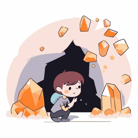 Little boy looking at a stone in the cave.