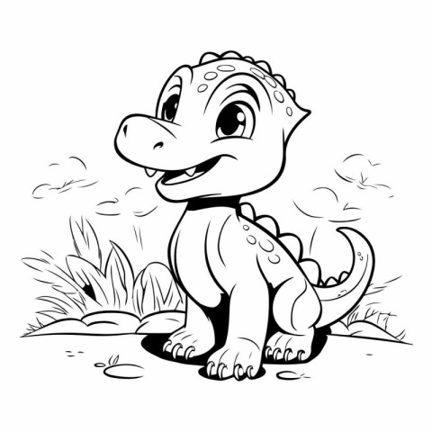 Cute cartoon dinosaur sitting on the grass for coloring book.